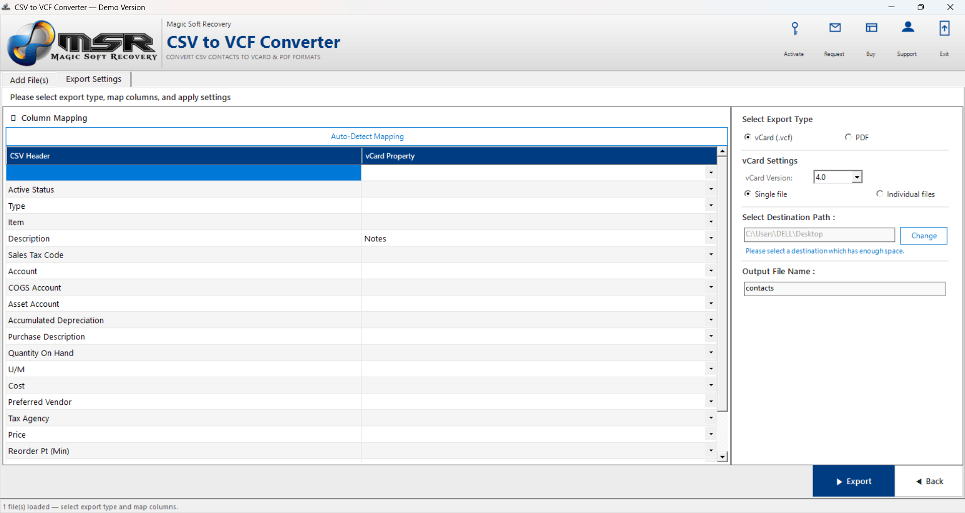 CSV to VCF Converter field mapping screen with CSV columns matched to vCard fields
